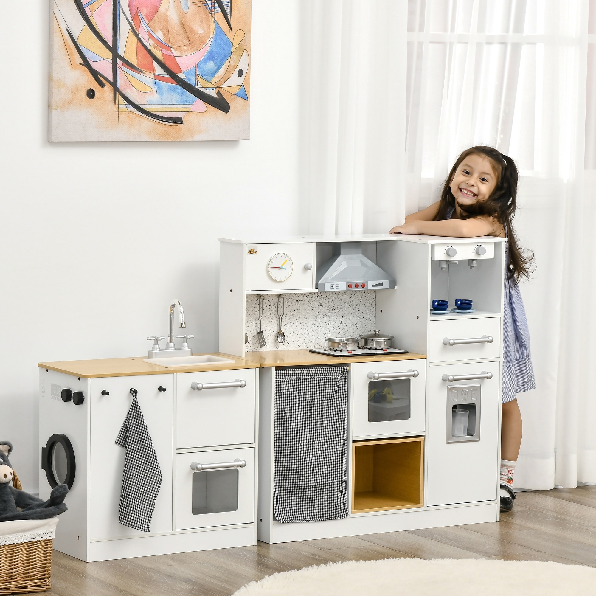 Qaba Kids Wooden Kitchen Playset with Sound Effects and Tons of Countertop Space, Wooden Corner Play Kitchen Set