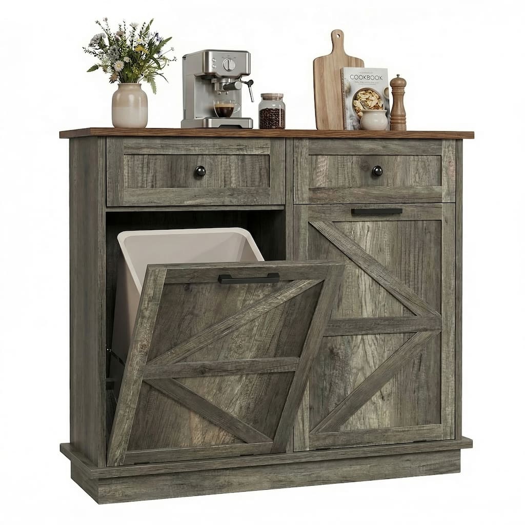 Double Tilt Out Trash Can Cabinet, Garbage Can Cabinet for Kitchen with 2 Storage Drawer, Free Standing Recycling Cabinet