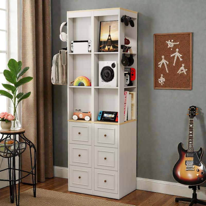 73'' Tall Slim Storage Cabinet with 3 Drawers, Hooks & 3-Tier Shelves, Media Tower for Books, CDs, DVDs, Games & Consoles