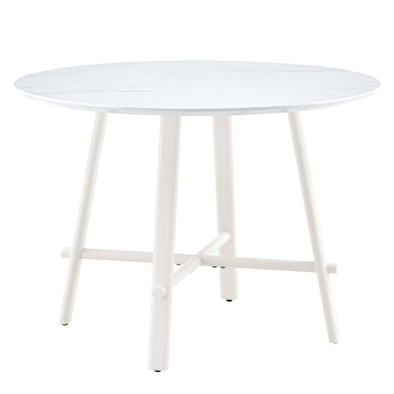 Roomfitters Modern Round Dining Table with 42 Inch Wood Pattern Top and White Metal Legs for Home or Office