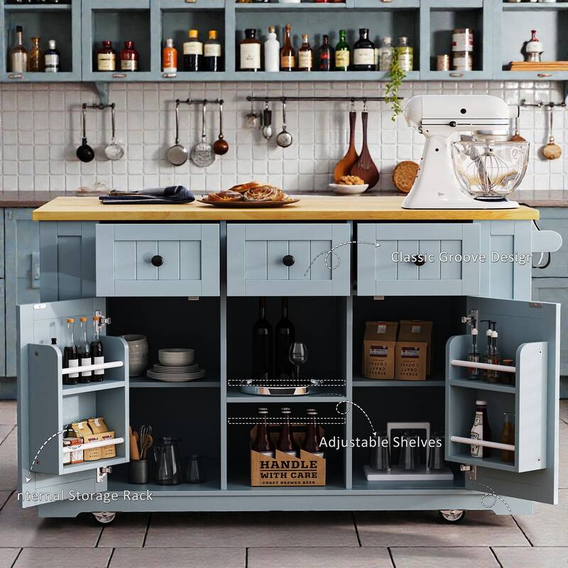 53" Large Kitchen Island with Drop Leaf, Power Outlet, Rolling Cart with Internal Door Racks, Wheels