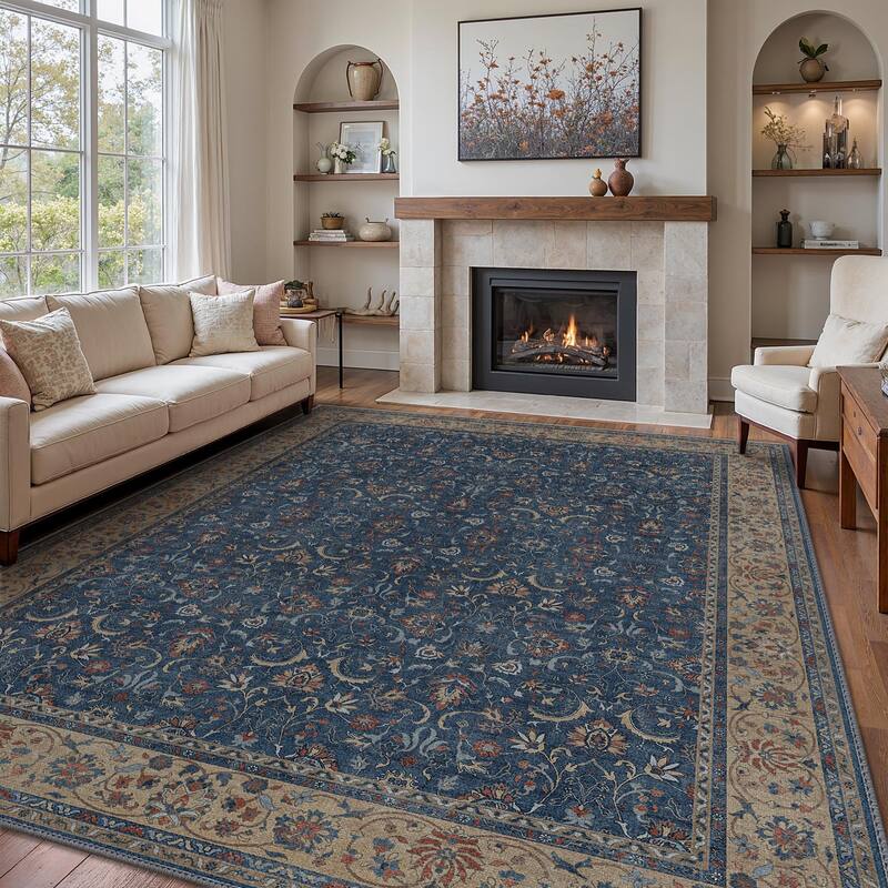 Mcow Vintage Floral Low-Pile Machine-Washable Area Rug - 8' x 10' - Dark Blue - Rectangle