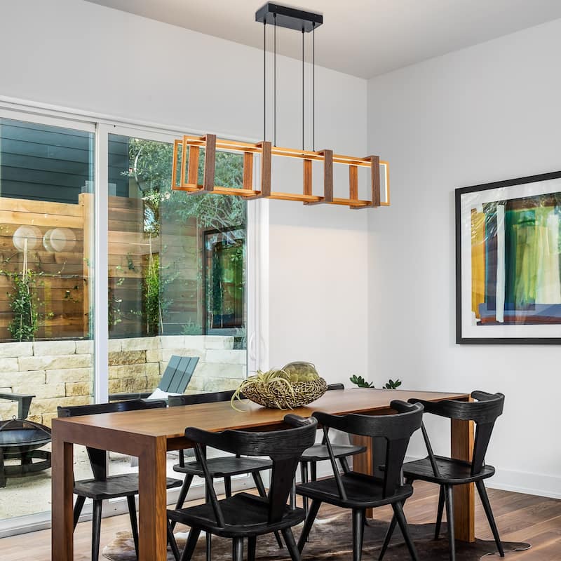 Farmhouse Wood LED Linear Chandeliers Rectangle Pendant Light - W39.4"