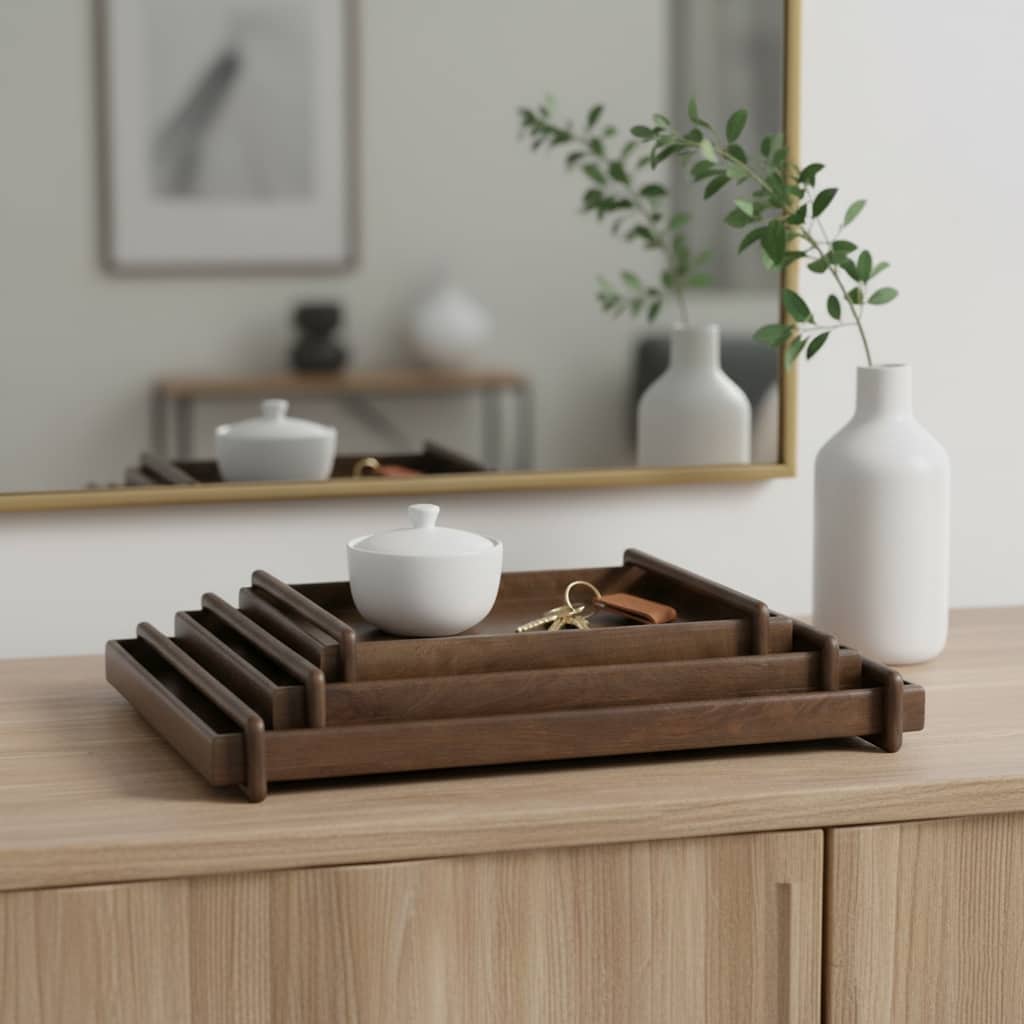 Wooden Decorative Tray with Side Handles - Set of 3 - Brown, 18"-22" - 26.0"