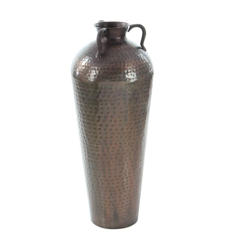 Metal Tall Floor Mediterranean Style Vase with Hammered Details and Handles - Brown - Roche River Decor