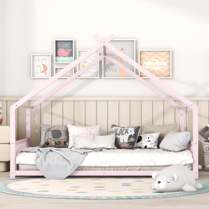 Metal House Bed with Roof, Fence, and Back