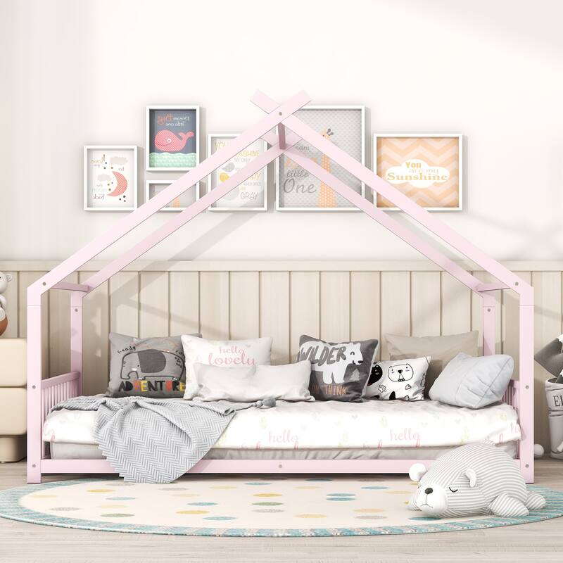 Twin/Full Size Montessori Floor Bed for Kids, Metal House Bed Frame w/Fence & Roof, Kids Playhouse Bed, Metal Platform Bedframe - Pink - Full