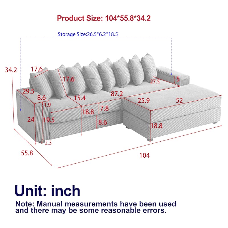 104" Corduroy L-Shaped Sectional Sofa with Ottoman Included, 8 Pillows and Armrest Storage