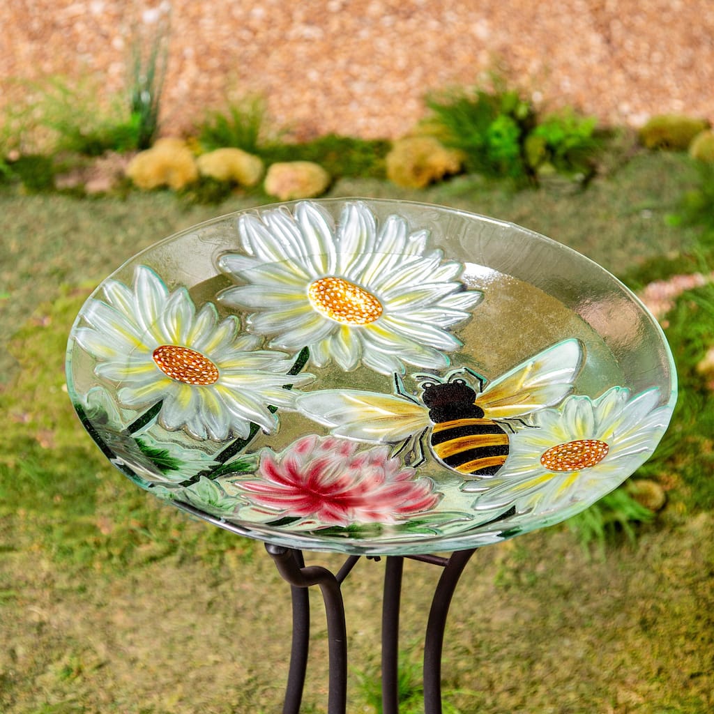 18" Hand Painted Daisies & Bee Glass Bird Bath