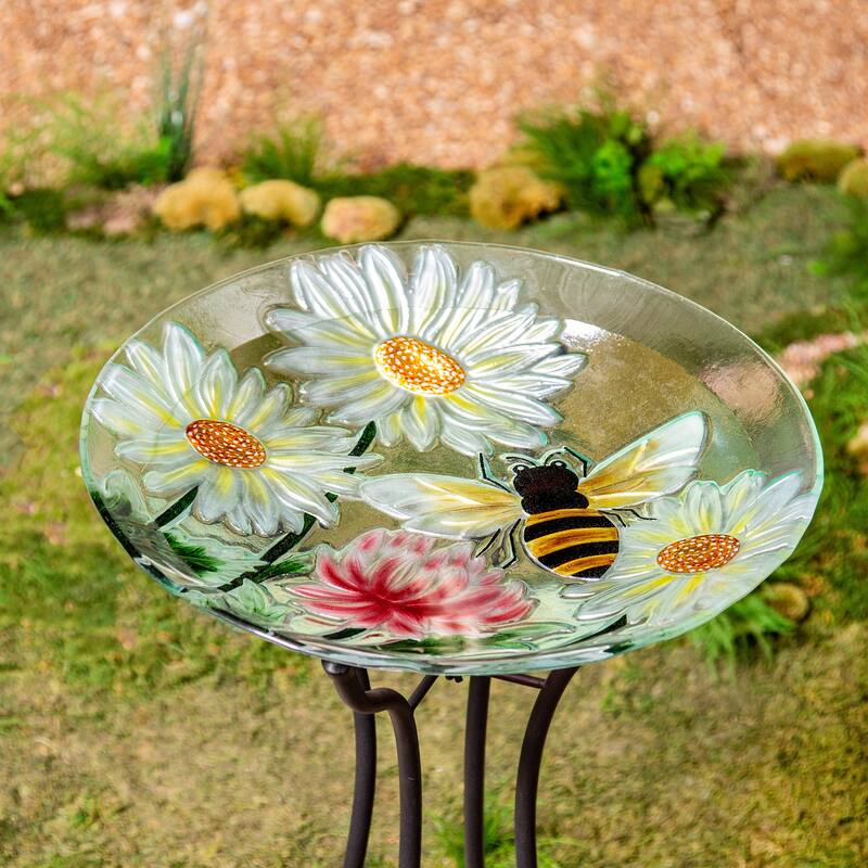 18" Hand Painted Daisies & Bee Glass Bird Bath