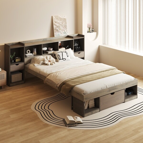 Queen Size Wooden Bed with All in one Cabinet Shelf Muti storage Headboard and End of Bed Drawers Simple Captains Bed Bed Bath Beyond 40925550