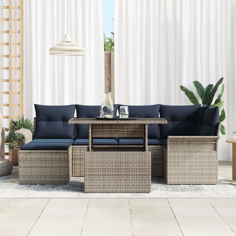 vidaXL 7 Garden Sofa Set with Cushions Black/Brown/Grey Poly Rattan - 95.5 x 52.2 x 27.2