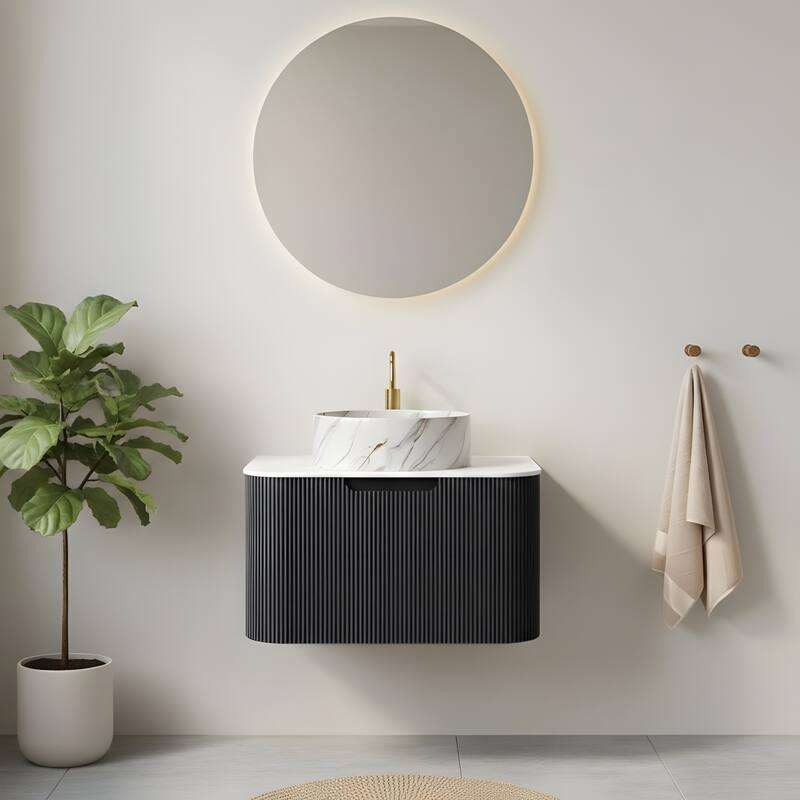 Floating Bathroom with Round Ceramic Basin and Storage Drawer