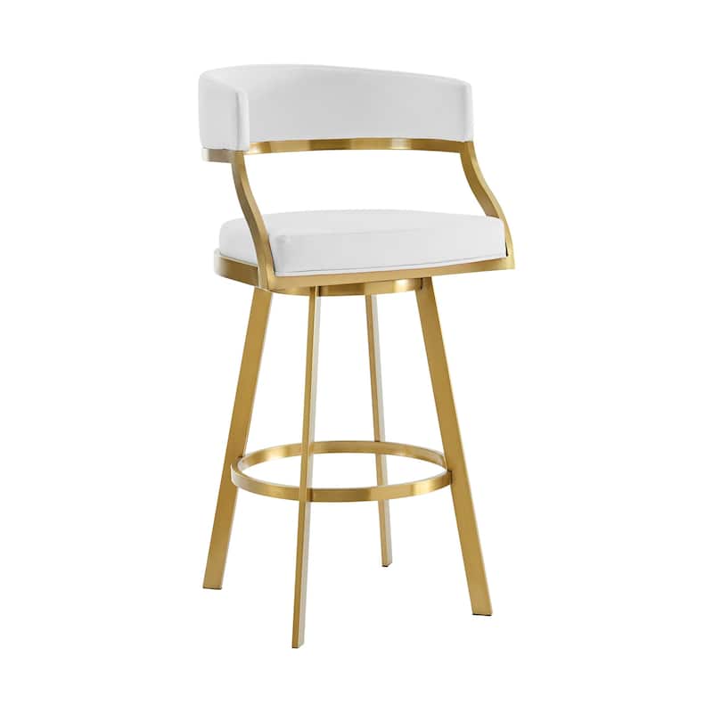 HomeRoots 26" White and Gold Faux Leather and Stainless Steel Low Back Counter Height Swivel Bar Chair