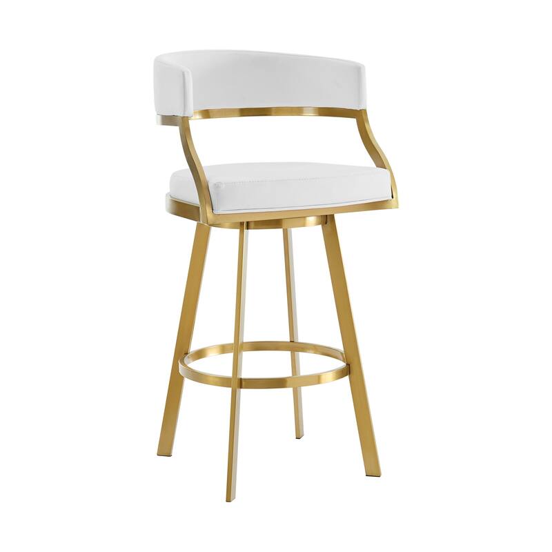 HomeRoots 30" White and Gold Faux Leather and Stainless Steel Low Back Bar Height Swivel Bar Chair