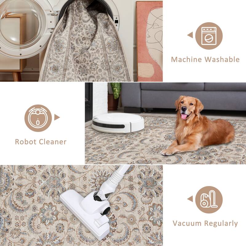Washable Area Rugs for Living Room Stain Resistant Carpet Vintage Rugs Bedroom Low Pile Non Slip Accent Carpet