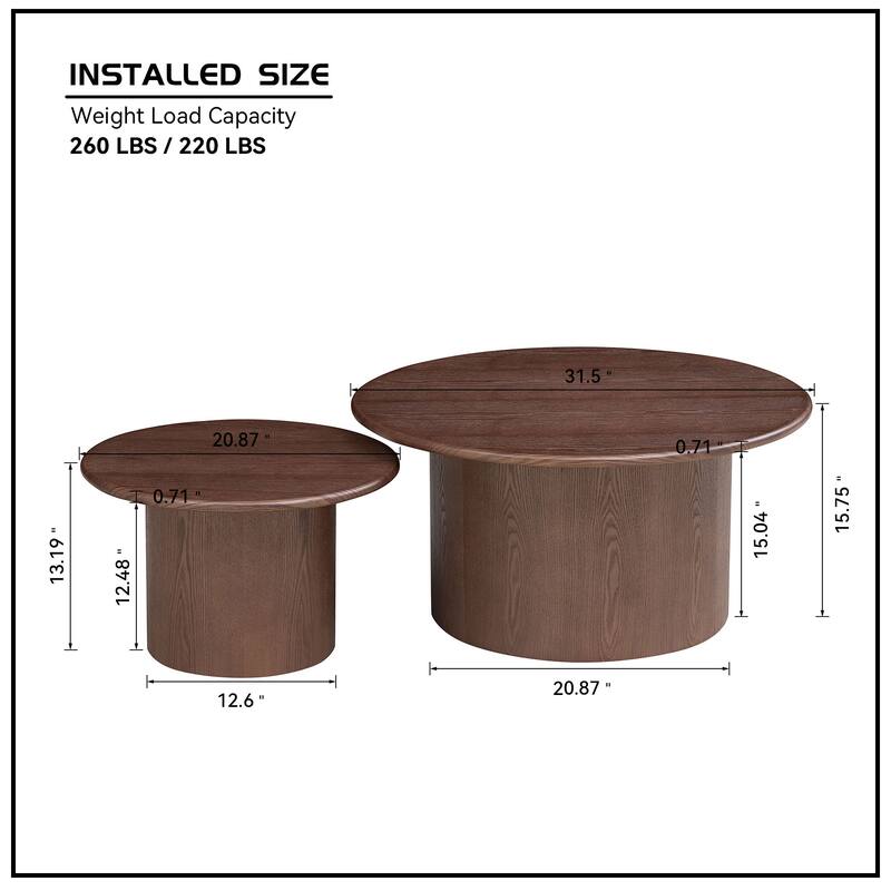 Round Nesting Coffee Tables Set of 2, Modern Center Table with Wood Grain Finish, End Table Side Tables for Living Room