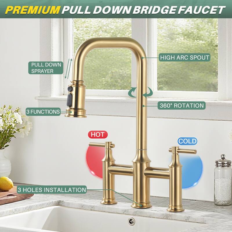 WOWOW Double Handle Bridge Kitchen Faucet with Advanced Spray