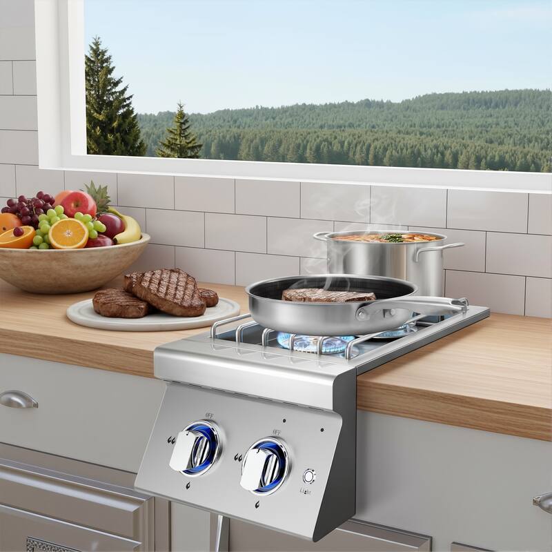 Double Grilling Side Burners, 2 x 17,000BTU Liquid Propane, Convertible to Natural Gas, 304 Stainless Steel Built