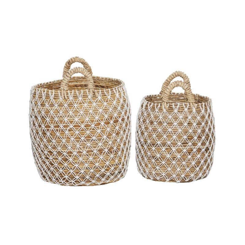 Banana Leaf Handmade String Detail Decorative and Functional Storage Basket with Handles - Set of 2 Brown - Roche River Decor