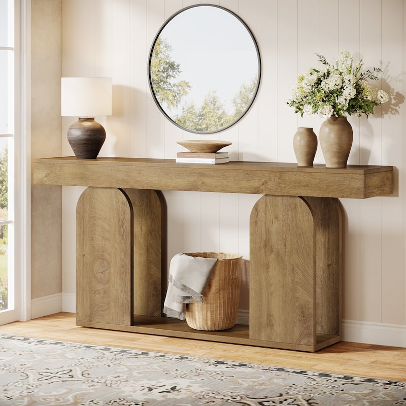 70.87-inch Wood Console Table, Farmhouse Sofa Table with 2-tier storage - Brown - Wood