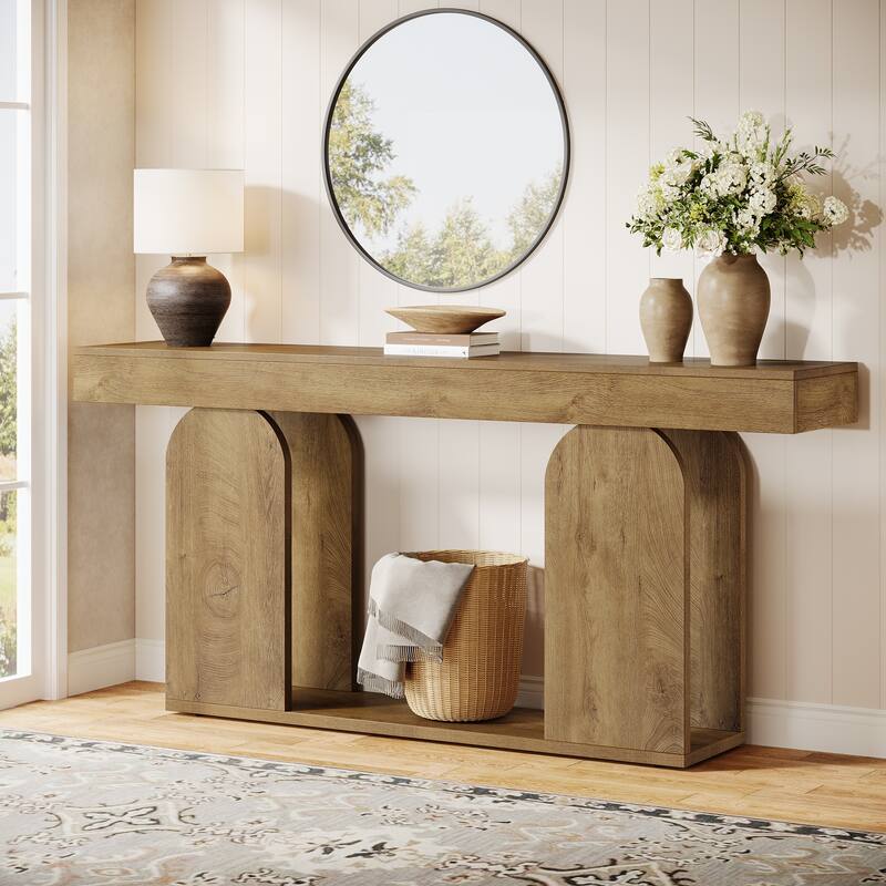Industrial Wood Entryway Console Table with Dual Storage Shelves - Light Brown