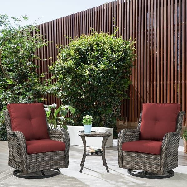 BABOOM Swivel Rocking Chairs Set 3-Piece Rattan Patio Conversation Set With Gray Cushions