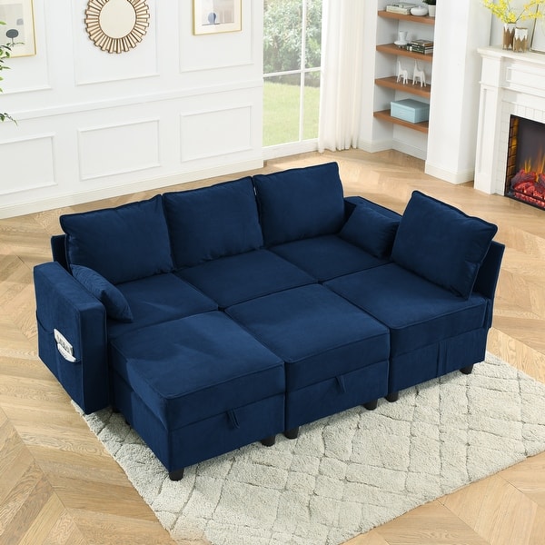 UShape Modular Sectional Sofa, 6 Storage Seat, Corduroy Velvet
