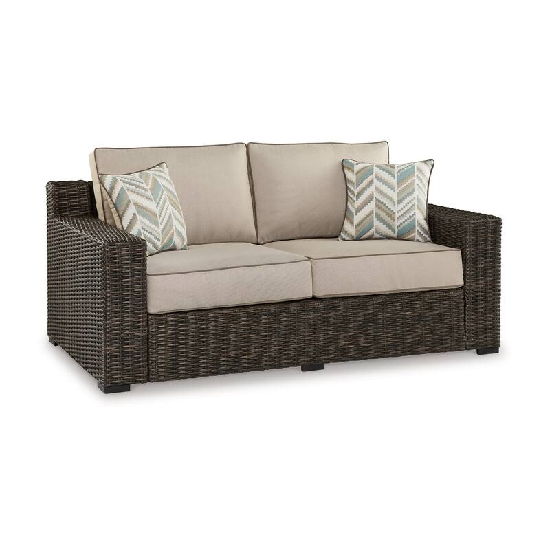 Waga 71 Inch Outdoor Loveseat, 2 Throw Pillows, Brown Resin Wicker, Beige