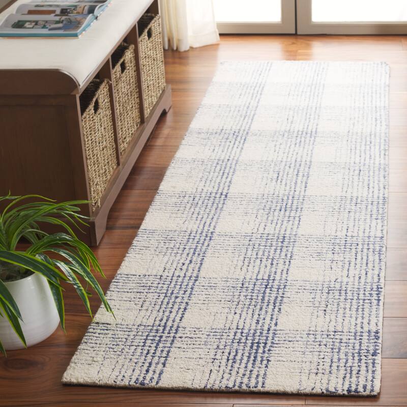SAFAVIEH Handmade Ebony Corinda Modern & Contemporary Wool Rug - 2'3" x 8' Runner - Ivory/Blue