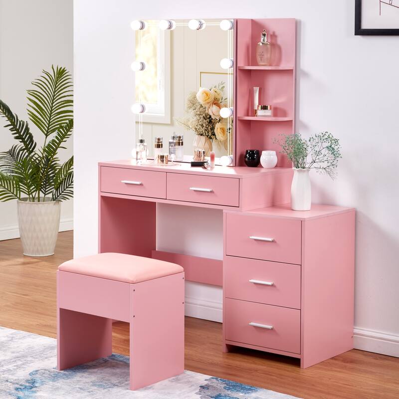 Pink Dressing Table Set with Sliding Mirror Cabinet 5 Drawers and Shelves Lighted Mirror
