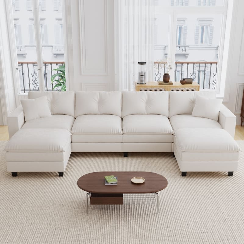GDFStudio - Elara Luxe 137'' U-Shaped Corner Couch with Armrest Storage, Deep Seat Comfy Chenille for Living Room - Beige