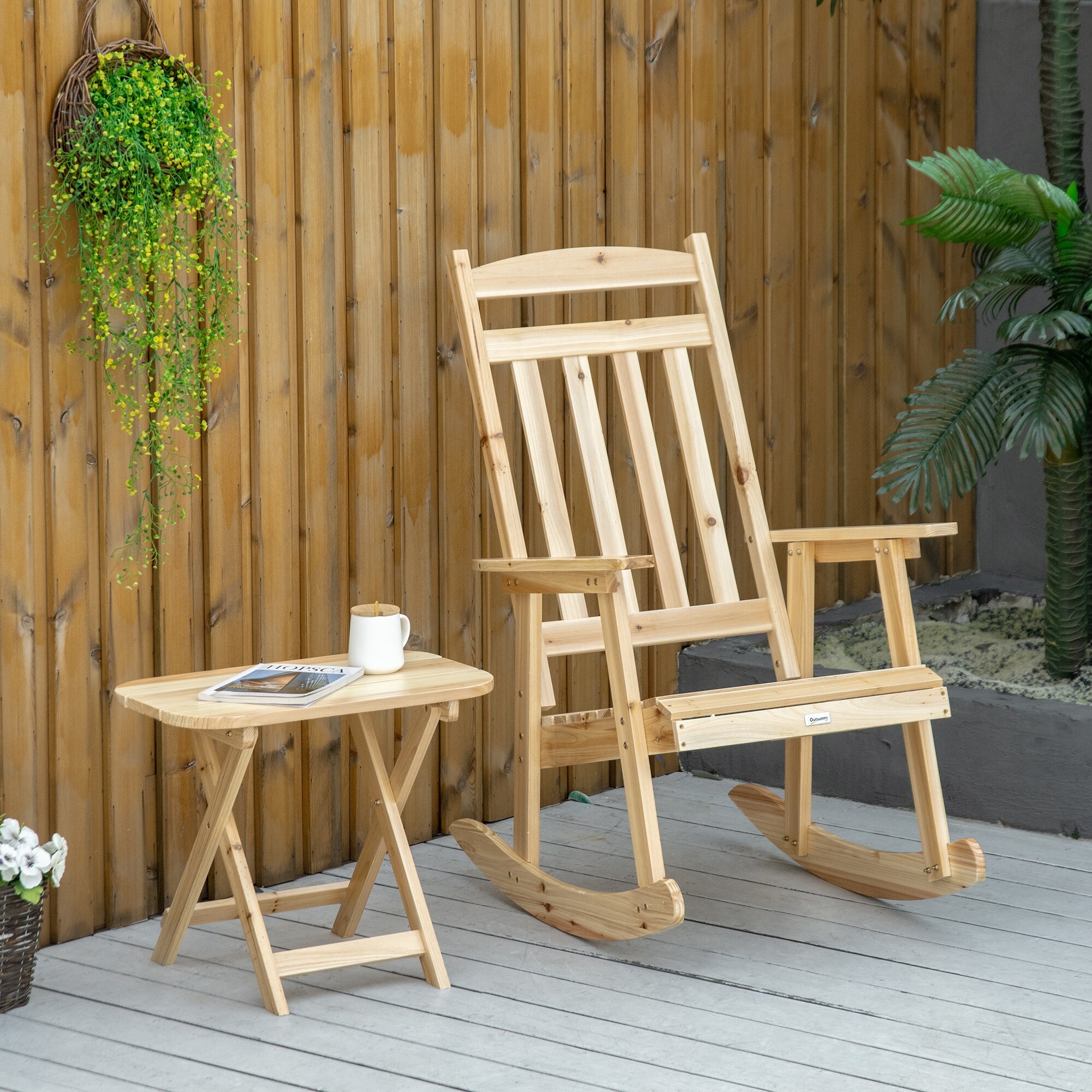 Outsunny Wooden Rocking Chair Set 2 Piece Outdoor Porch Rocker