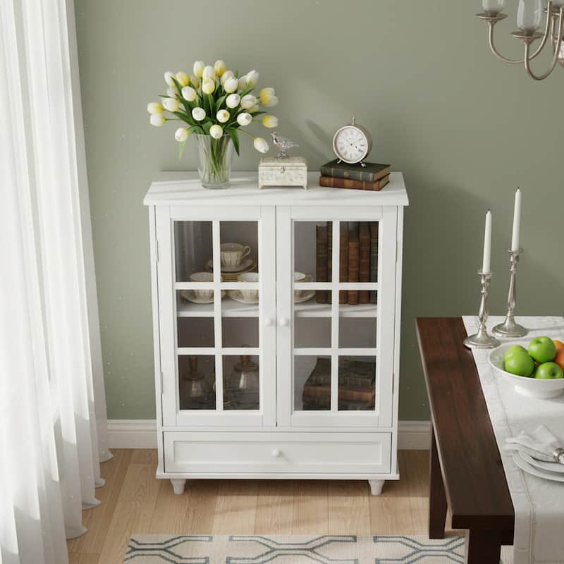 Homy Casa Minimalist Buffet Cabinet with Glass Doors & Drawer, Storage Sideboard, Kitchen Living & Dining Room Hallway Entryway - 28" - White