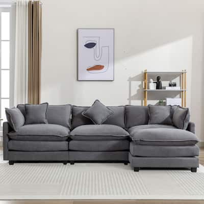 Grey 112.2" Modern L-Shaped 4-Seat Sectional Sofa with Removable Ottoman, 5 Plush Pillows, and Sturdy Construction