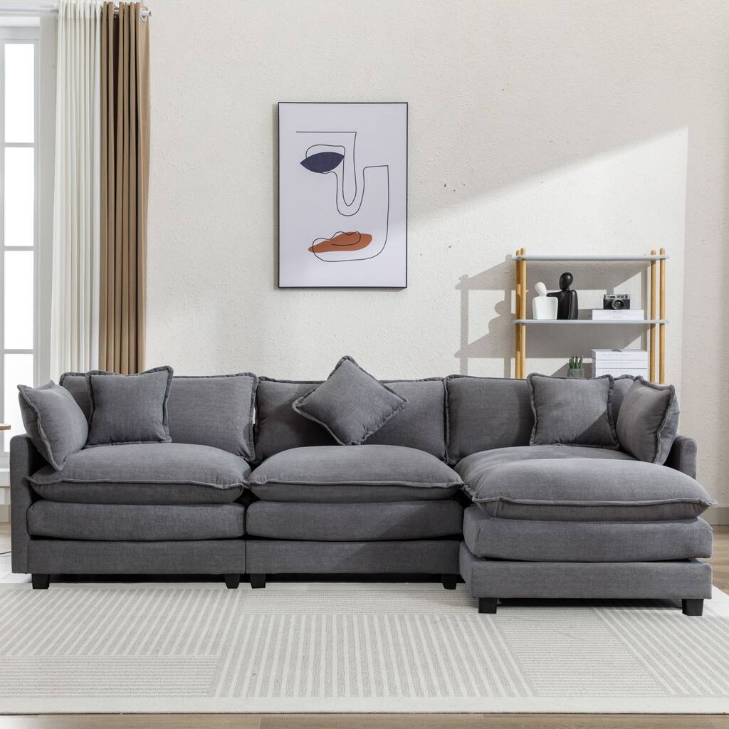 Grey 112.2" Modern L-Shaped 4-Seat Sofa with Ottoman