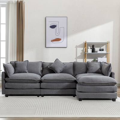 Grey 112.2" Modern L-Shaped 4 Seater Sectional Sofa with Removable Ottoman, 5 Plush Pillows, and Sturdy Frame