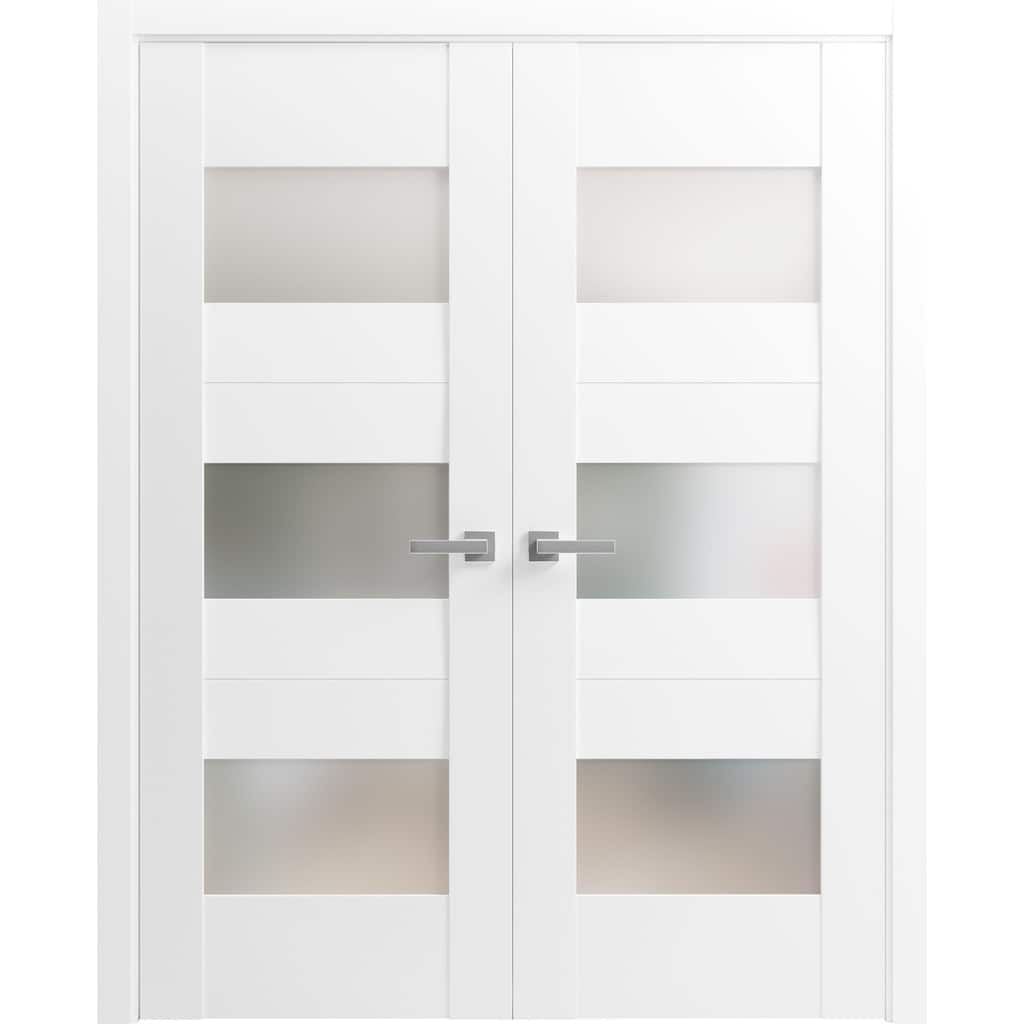 SartoDoors Sete 6003 | Interior French Doors Double French | Solid Wood w/ Glass | Slab Only | 18x80, White Silk