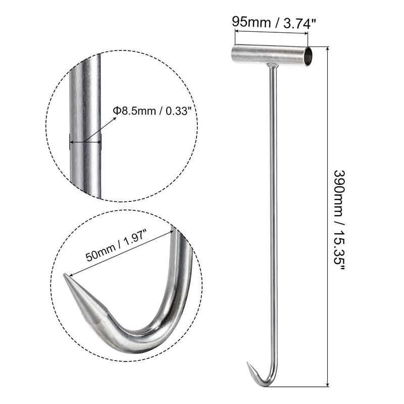 T-Handle Meat Boning Hook, Stainless Steel T Hooks for Kitchen - Silver Tone - 15.35" x 3.74" x 0.33"