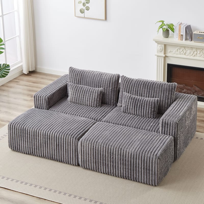 Roomfitters 87" Modern Corduroy Lounge Chaise, Cloud Plush Loveseat Sofa, No Assembly Reclining Sleeper Sofa - Grey - Removable Footstool