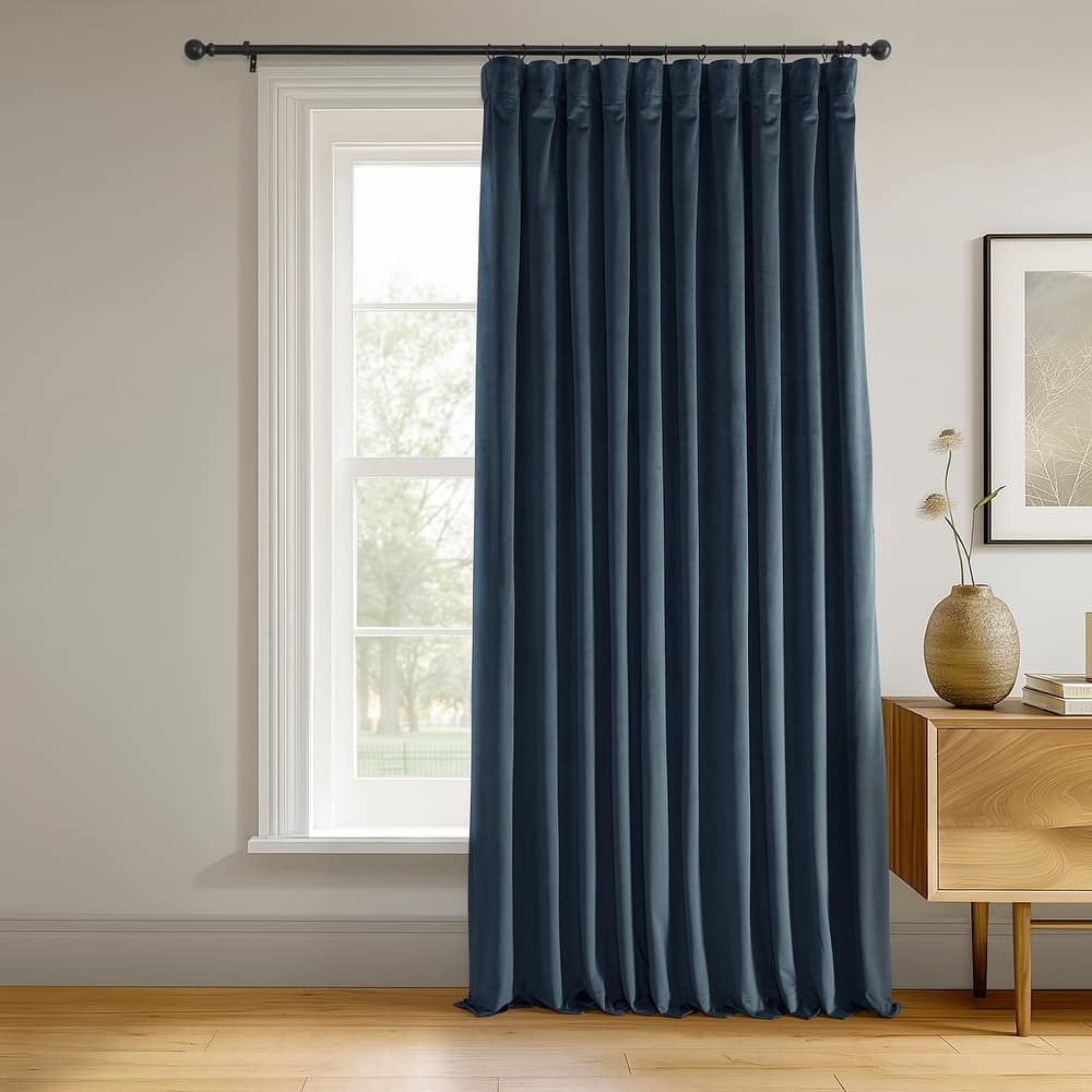 Exclusive Fabrics Signature Extra Wide Midnight Blue Velvet Blackout Curtain (1 Panel) - Luxurious Blackout Drapery