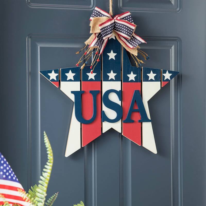 Glitzhome Patriotic/Americana Wooden Flag Sign Door Hangers Decor - Star