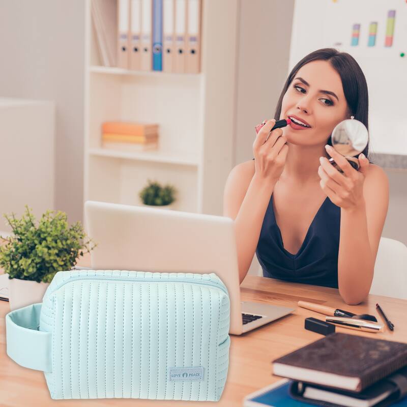 Faux Leather Makeup Bag Make Up Organizer Bag Toiletry Bag for Women - Blue