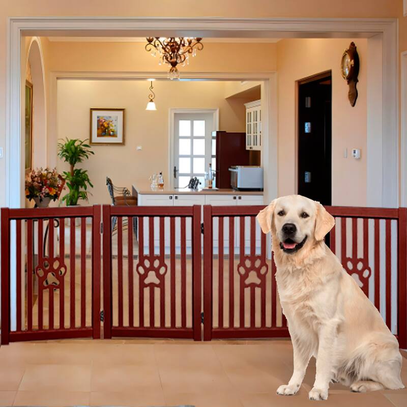 Trimate: 80"L x 23.6"H 4 Panel, Foldable Wooden Freestanding Pet Gate, Mahogany