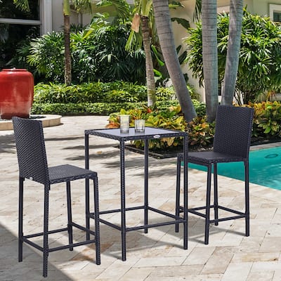 Modern PE Rattan 3-Piece Bar Set with 5mm Glass Table Top and Comfortable Footrest Stools - 18" L x 19" W x 44.1" H