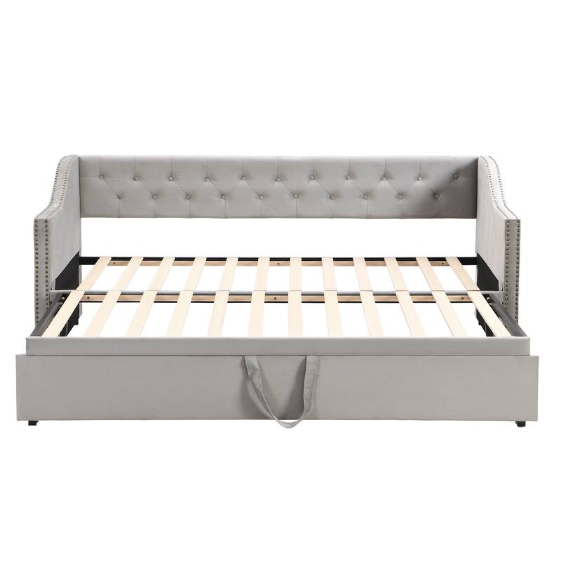 Twin Size Upholstered Daybed with Pop-Up Trundle, Expandable from Twin to King, Velvet with Armrests