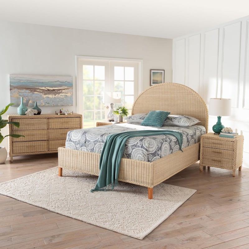 Lanica Japandi Sun-Bleached Braided Rattan Queen Size 4-Piece Bedroom Set