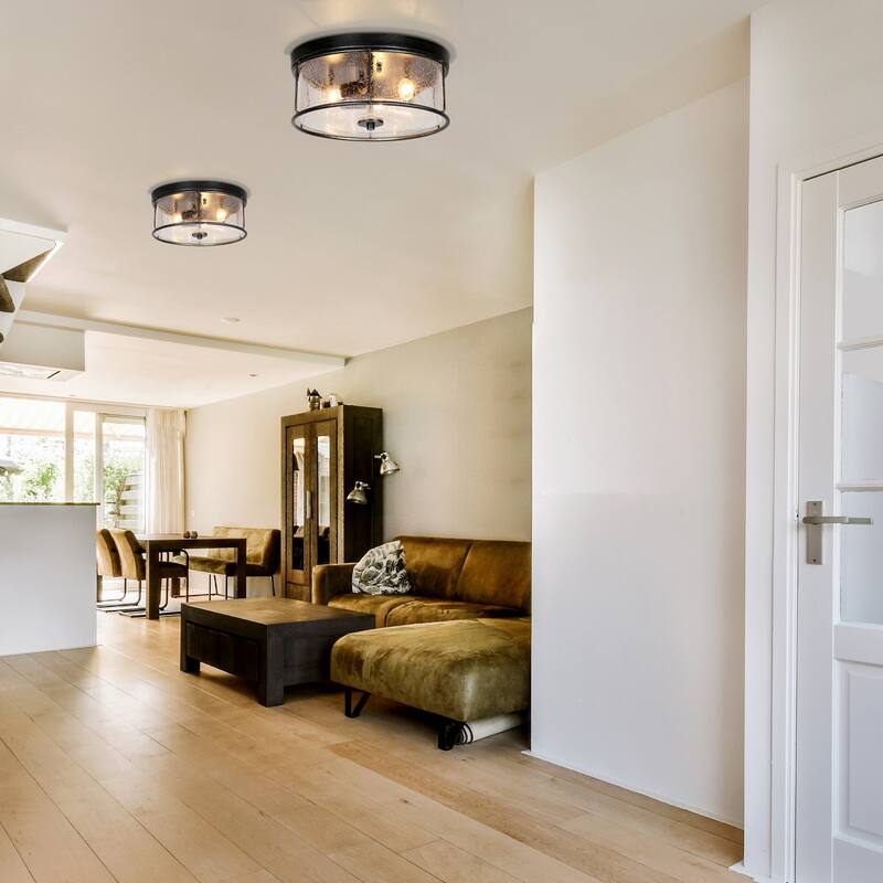 Clyno Modern Farmhouse Drum Glass Flush Mount Ceiling Light - W 12.6"x D 12.6"x H 5.9"