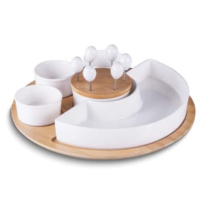 Curata Ceramic and Bamboo Serving Tray Set with 3 Condiment Bowls Semi-Circular Bowl and 6 Cocktail Picks