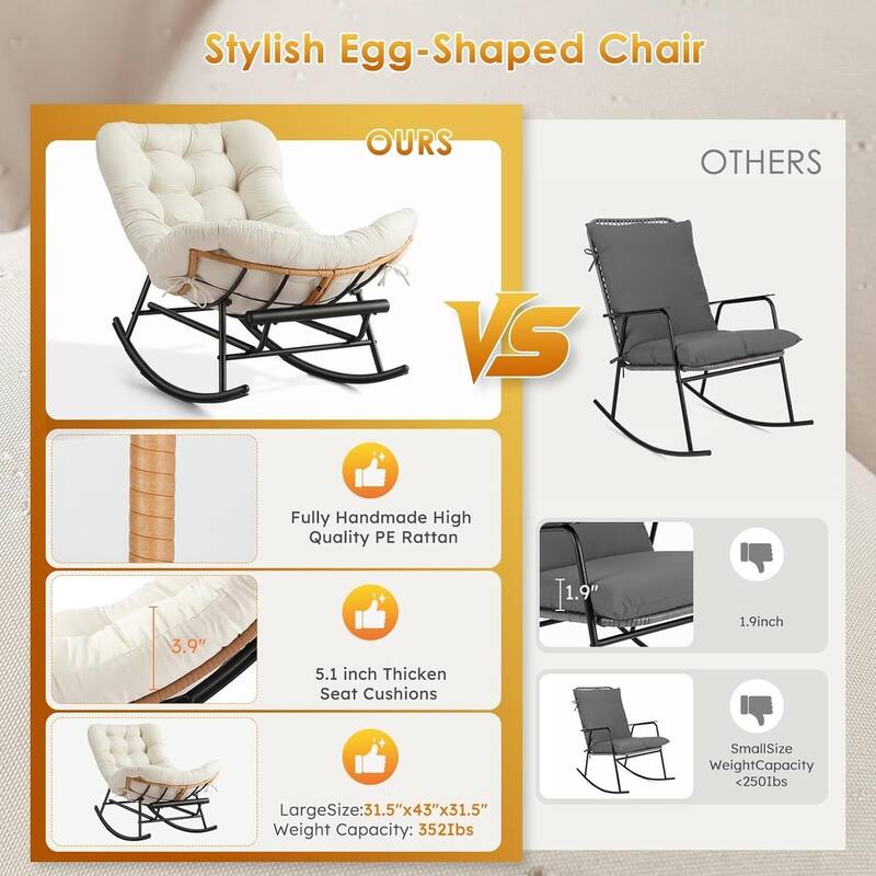 Cozy Papasan Rocking Sofa Chair with Extendable Footrest for Porch, Lawn, Bedroom and Living Room